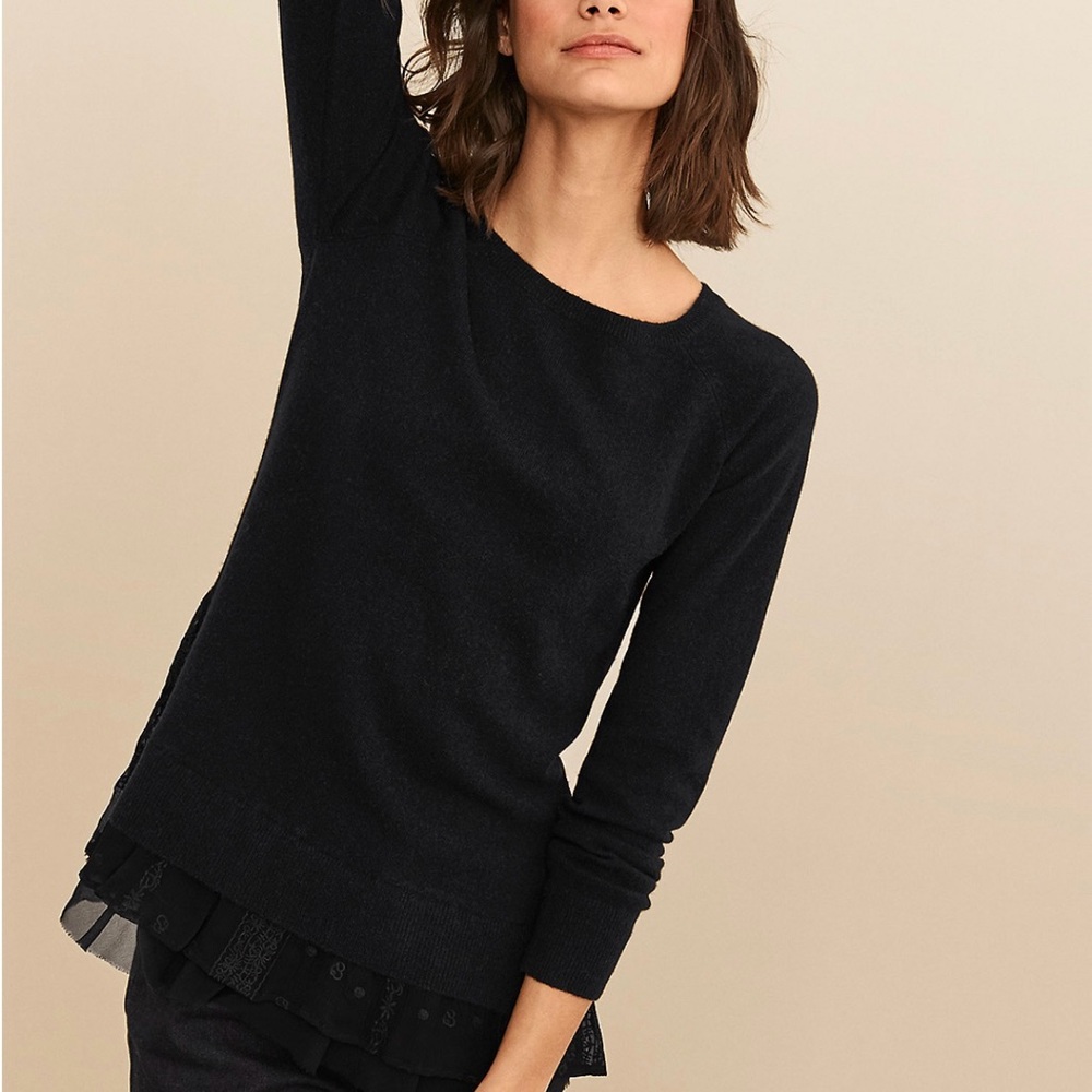 Garnet Hill 100% cashmere sweater black lace trim witchy whimsical L